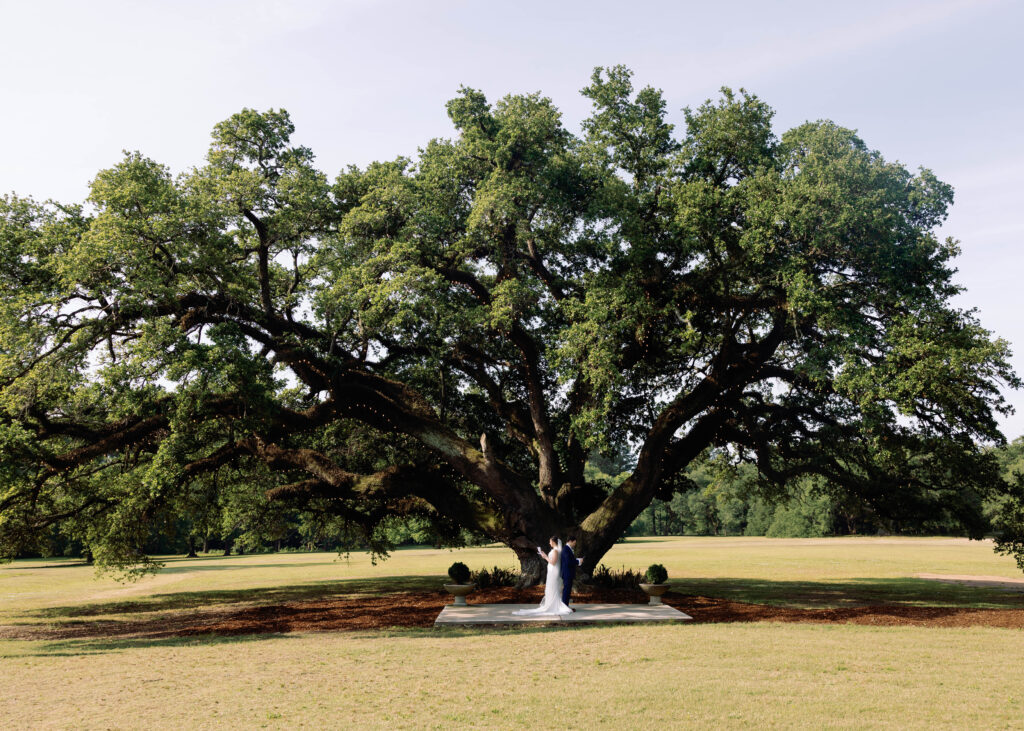 First look under oak trees The Reed House at Live Oaks, Jackson Mississippi Wedding